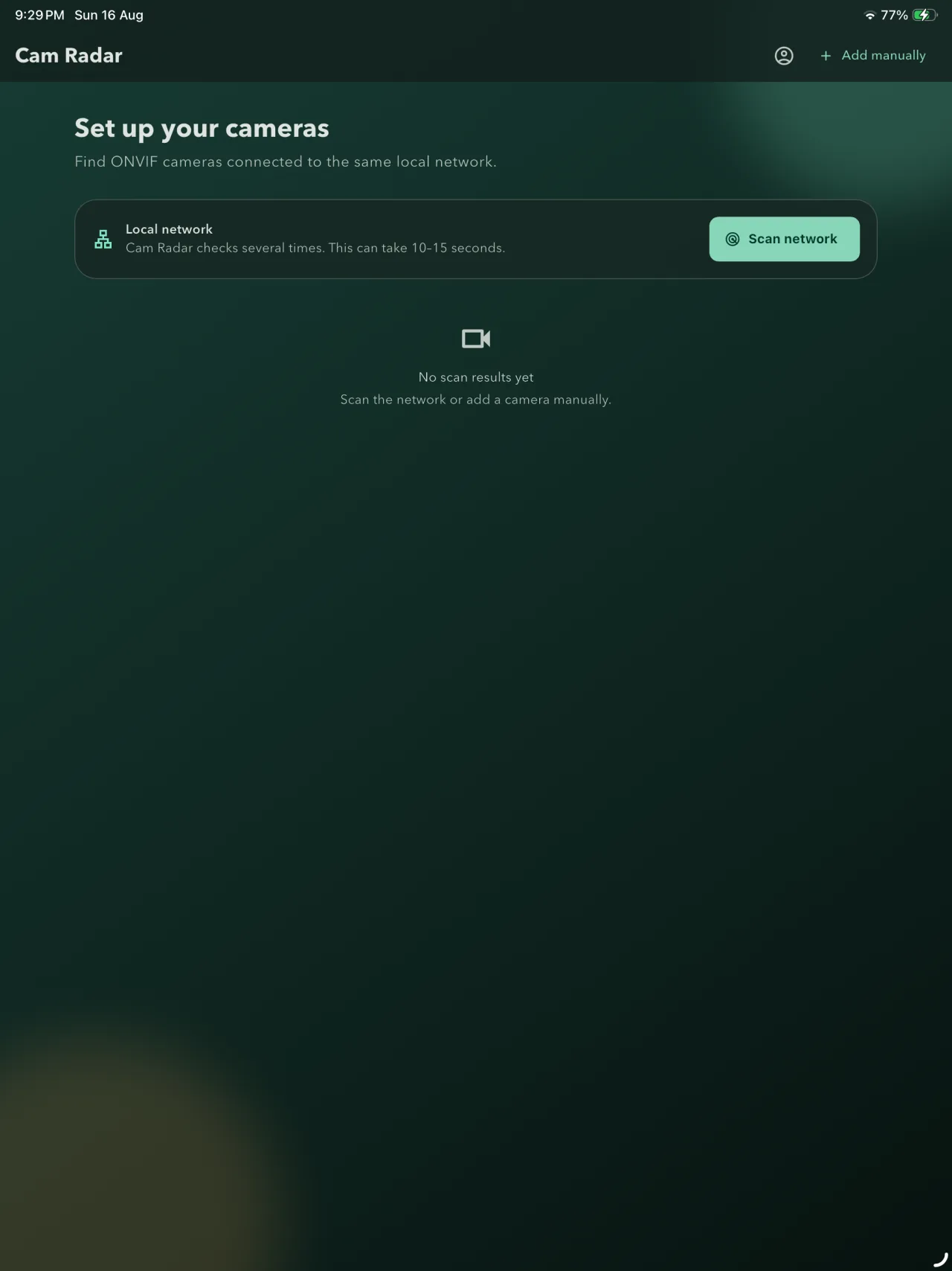 Cam Radar ONVIF camera setup screen shown on an iPad